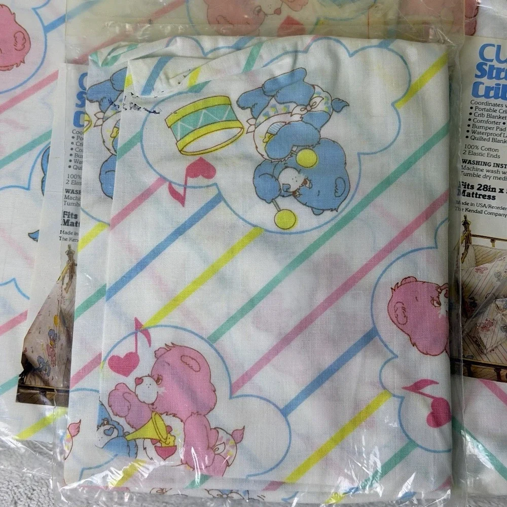 VTG 2 Bassinet Fitted Sheet & 1 Pillow Case CARE BEAR Baby Bedding 1980s